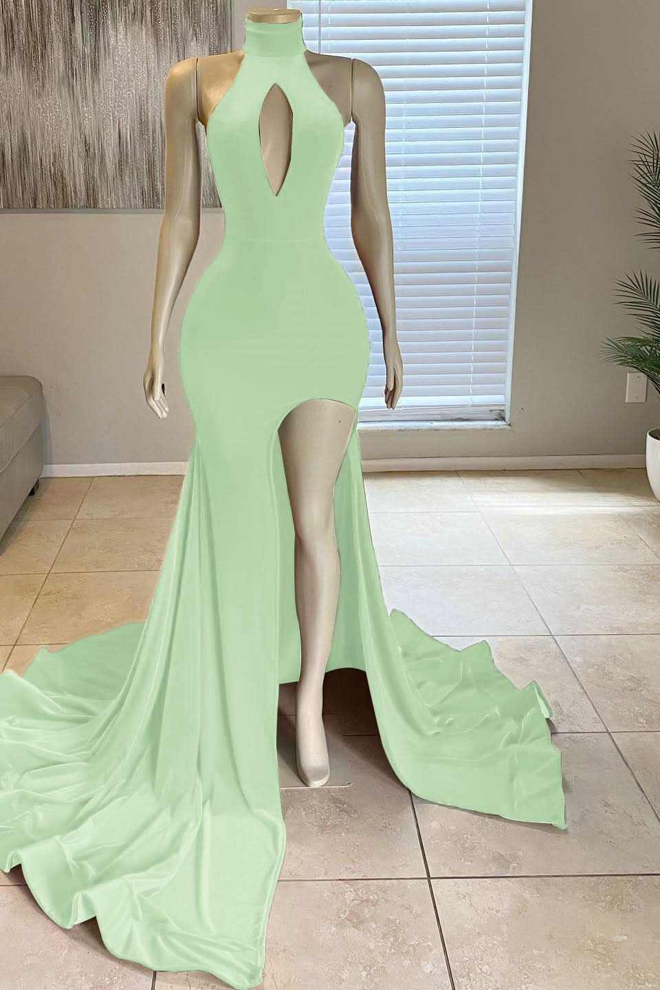 Glorious Red High-Neck Front Split Mermaid Prom Dress Online BM bride