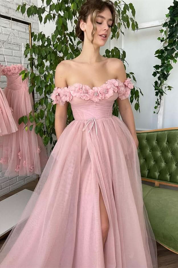 Dusty Pink Off-The-Shoulder A-Line Evening Dress with Strapless Slit and Tulle Appliques BM bride