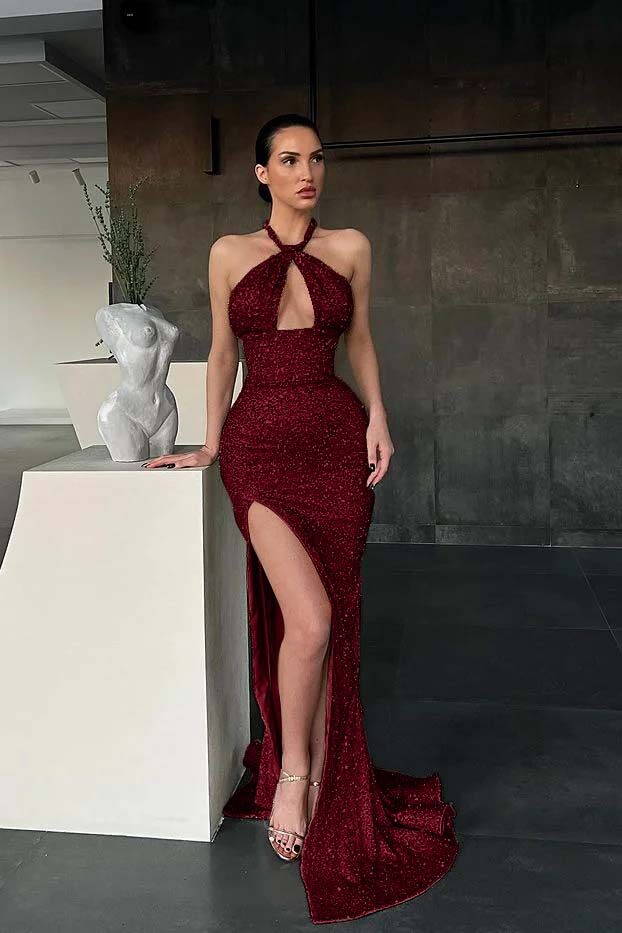 Halter Sleeveless Long Mermaid Prom Dress With Split Sequins