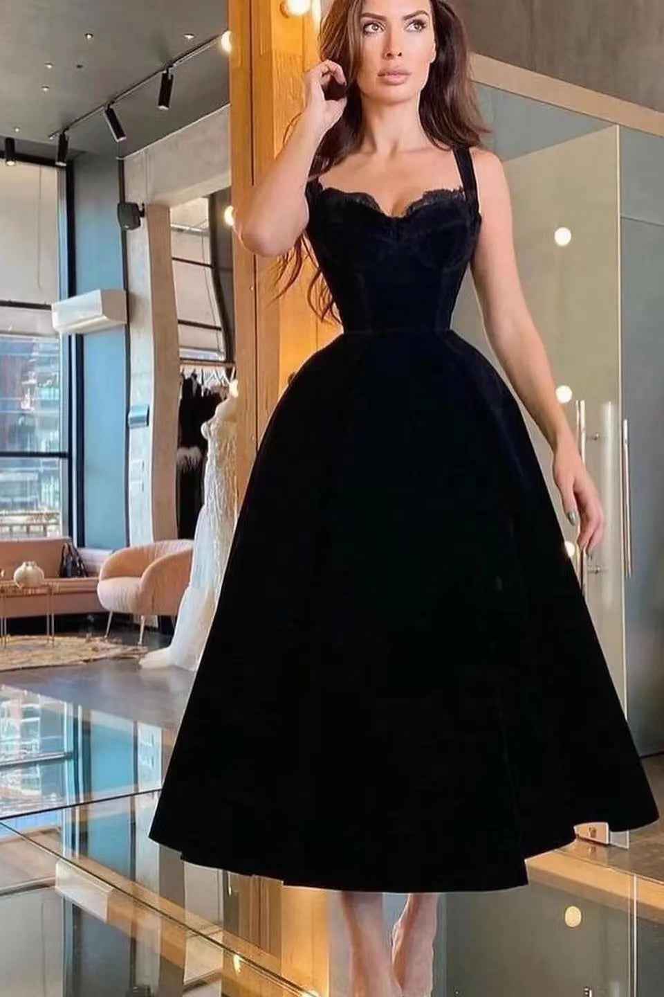 Black Spaghetti Strap Sweetheart Tea Length Prom Dress With Lace