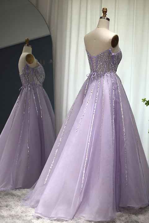 A Line Sleeveless Prom Dress Flower Strapless Tulle With Appliques Sequins