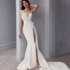 Elegant White Long Prom Dress with High Split Sequin Applique Mermaid Style BM bride