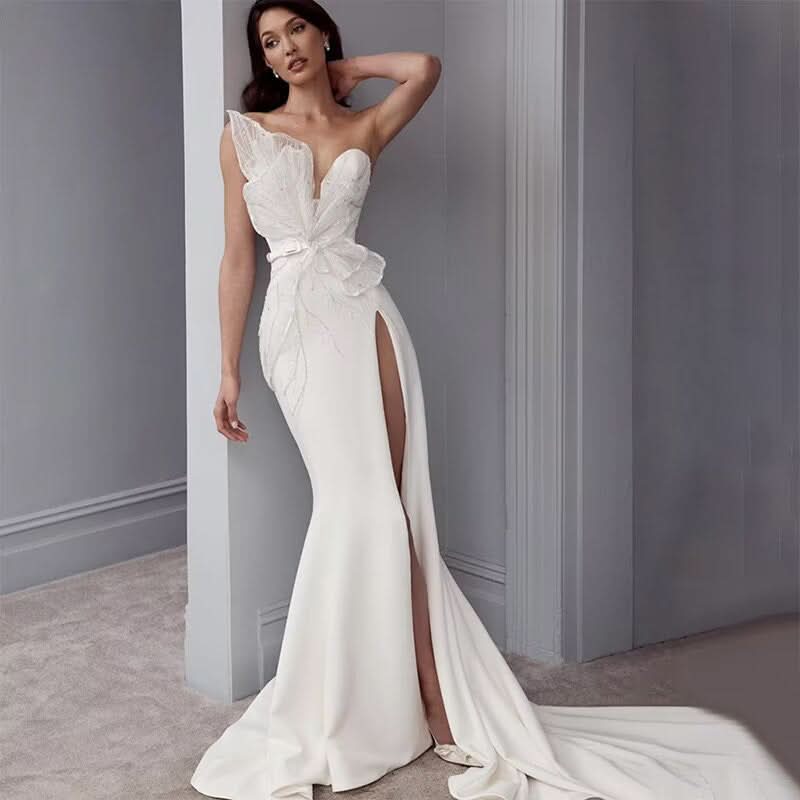 Elegant White Long Prom Dress with High Split Sequin Applique Mermaid Style BM bride