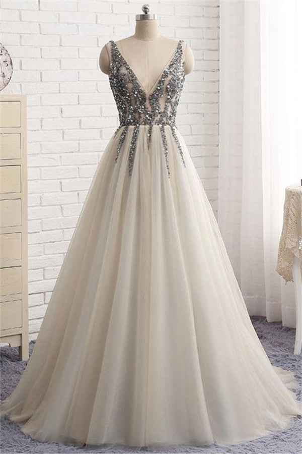 Tulle V Neck Sleeveless A Line Prom Dress Tulle With Beading