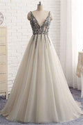 Tulle V Neck Sleeveless A Line Prom Dress Tulle With Beading
