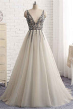 Tulle V Neck Sleeveless A Line Prom Dress Tulle With Beading