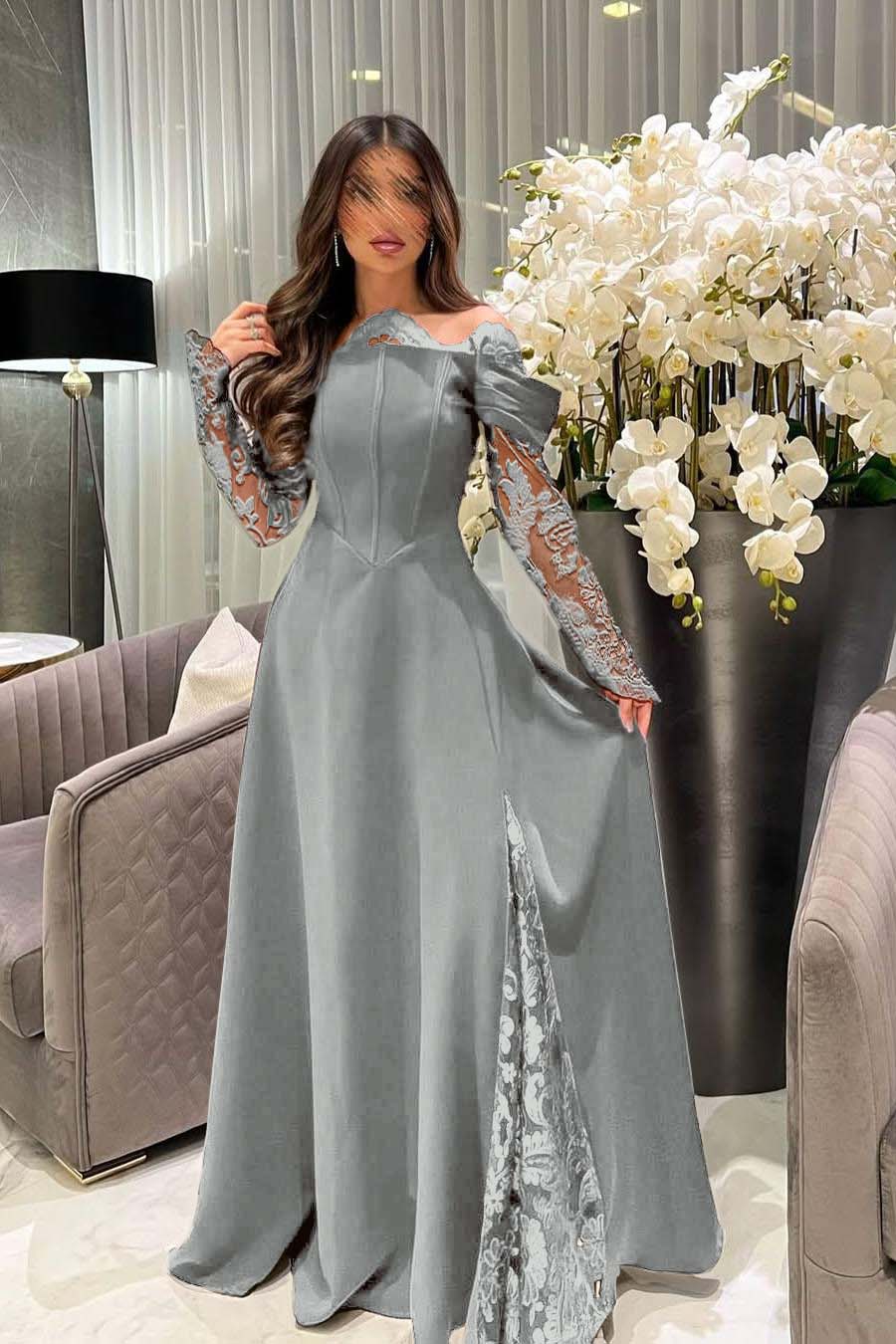 White Off the Shoulder Long Sleeves Long Prom Dress With Appliques BMBRIDE