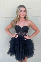 Sparkly Pink Corset Tiered Short A-Line Tulle Homecoming Dress with Lace Bmbride