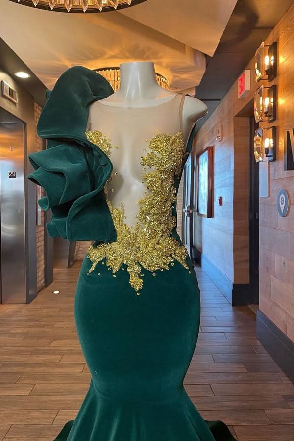 Dark Green One Shoulder Evening Dress with Sleeveless Appliques BM bride