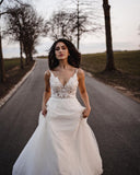 Simple Long A-Line V-Neck Tulle Wedding Dress with Appliques BM bride
