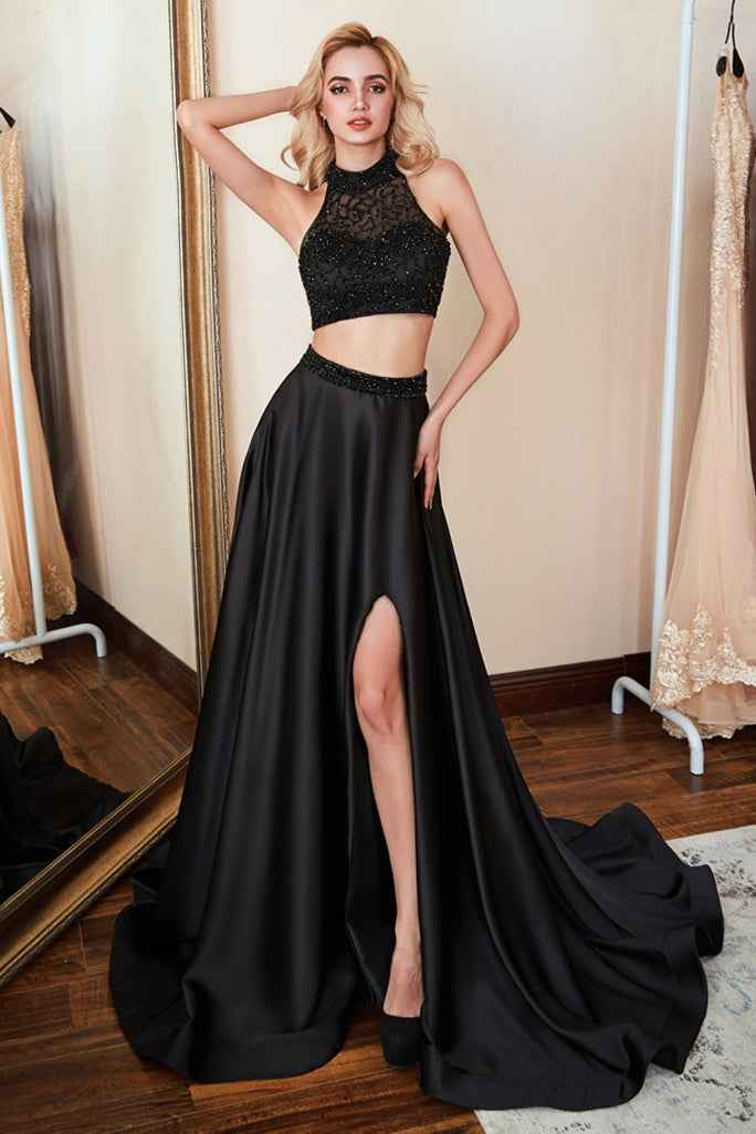 Black Two Pieces High Neck Sleeveless Long Prom Dress Split With Beadings