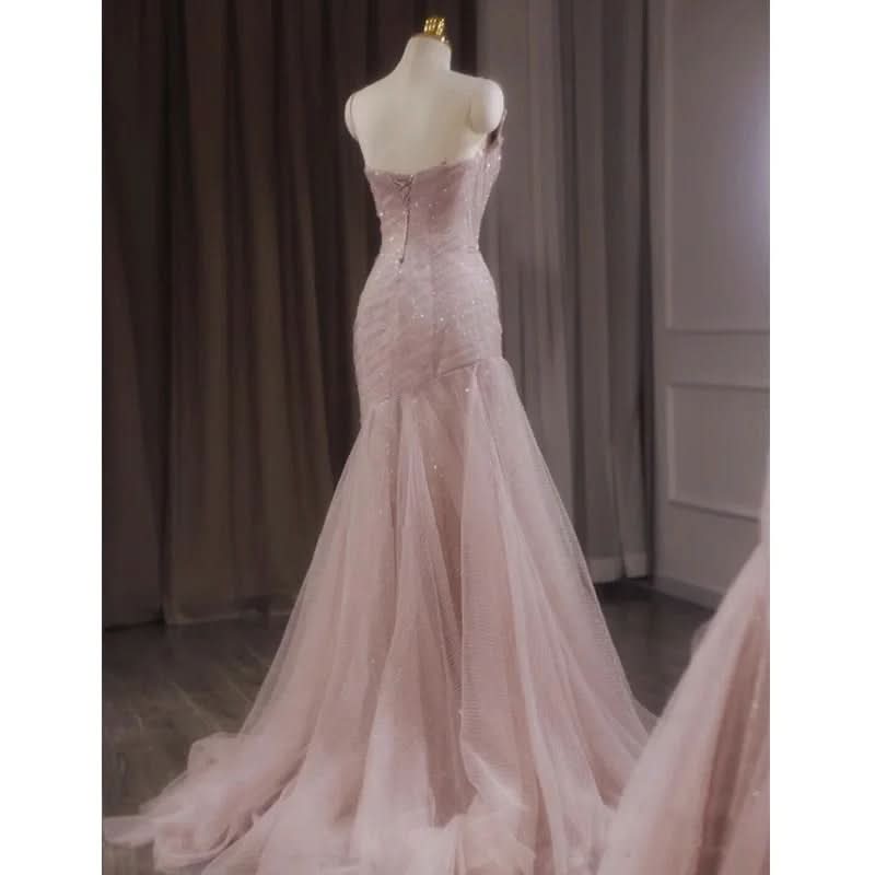 Light Pink Tulle Prom Dress Spaghetti Strap Sleeveless Dresses BM bride