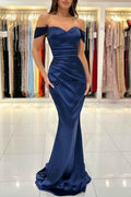 Royal Blue Off the Shoulder Sweetheart Pleated Long Prom Dress