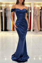 Royal Blue Off the Shoulder Sweetheart Pleated Long Prom Dress