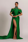 Green High Neck Pleated Mermaid Prom Dress Halter With Appliques BMBRIDE