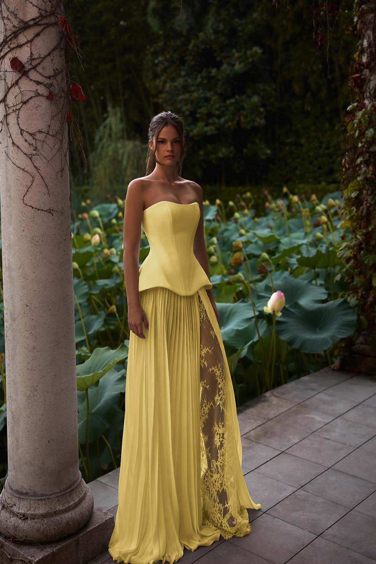 Strapless Sleeveless Long Prom Dress With Pleated Split Appliques BMBRIDE