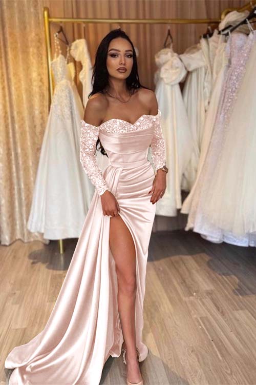 Off the Shoulder Long Sleeves Long Mermaid Prom Dress With Pleated BMBRIDE