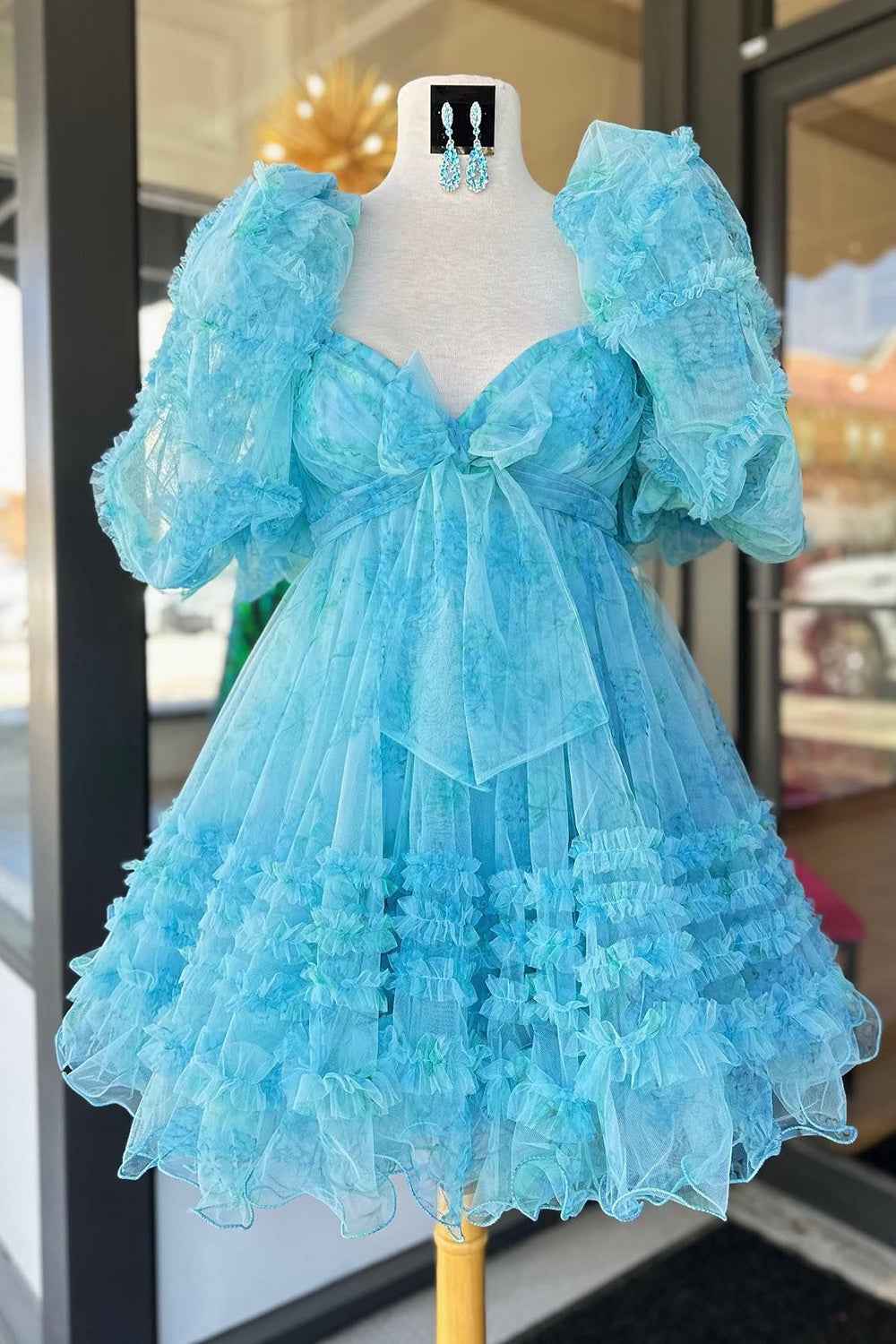 Ivory Puff Sleeves A-Line Floral Short Homecoming Dress with Ruffles Bmbride