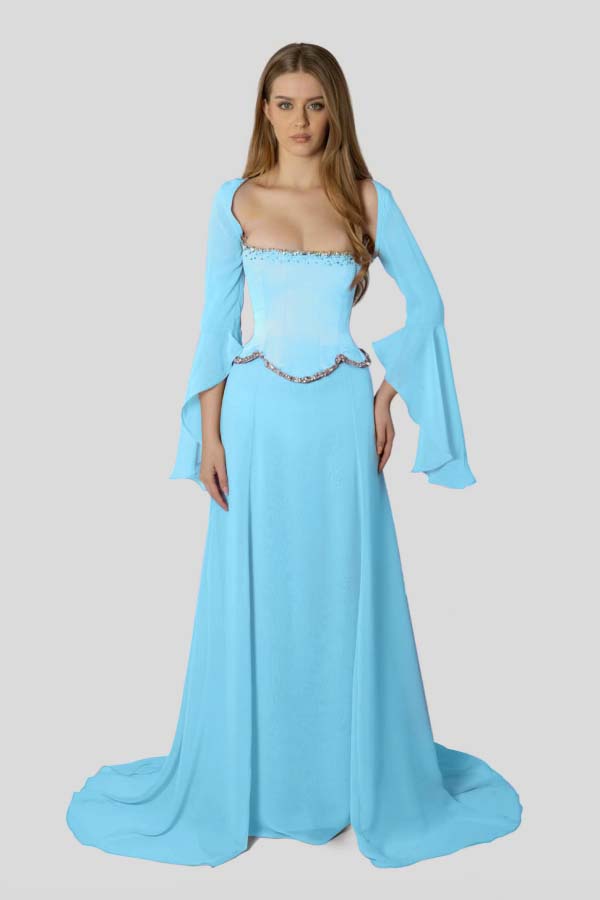 Chiffon Long Sleeves Long Mermaid Prom Dress With Beading Pleated BMBRIDE