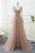 V Neck Long Sleeves Prom Dress Tulle Ruffles With Beading Appliques