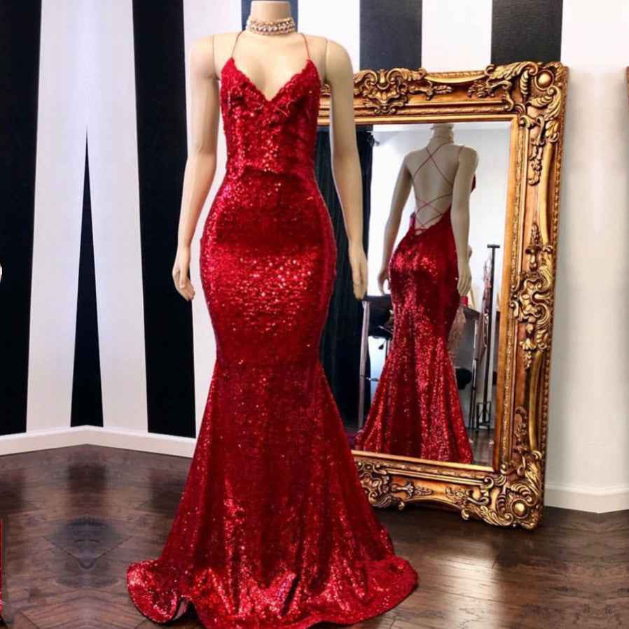 Mermaid Red Spaghetti Strap V Neck Sleeveless Long Prom Dress With Sequins
