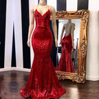 Mermaid Red Spaghetti Strap V Neck Sleeveless Long Prom Dress With Sequins