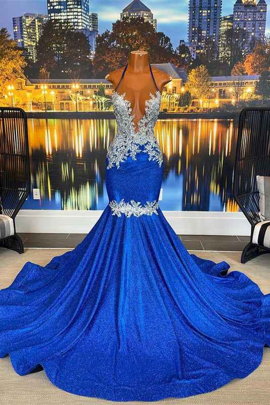 Halter Beautiful Royal Blue Sleeveless Long Mermaid Prom Dress With Appliques