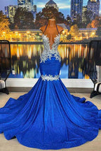 Halter Beautiful Royal Blue Sleeveless Long Mermaid Prom Dress With Appliques