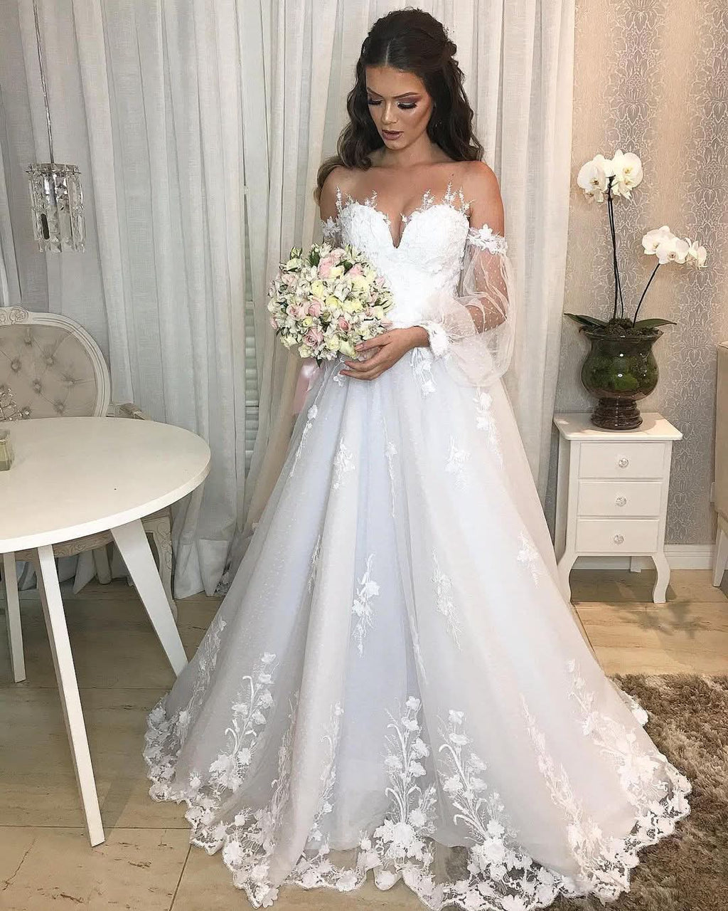 Elegant Long Princess Off-the-Shoulder Wedding Dress with Bubble Sleeves and Tulle BM bride