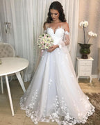 Elegant Long Princess Off-the-Shoulder Wedding Dress with Bubble Sleeves and Tulle BM bride