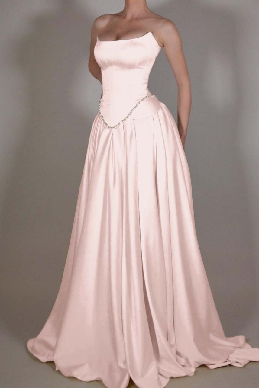 Strapless Sleeveless Long A Line Prom Dress With Pleated Beading BMBRIDE