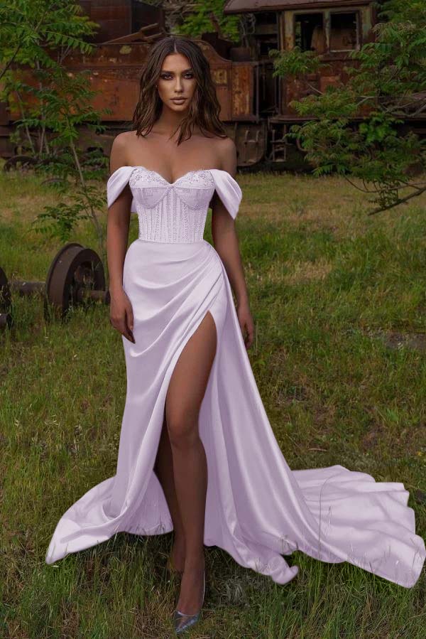 Mermaid Off the Shoulder Strapless Beadings Sweetheart Prom Dress Split BMBRIDE