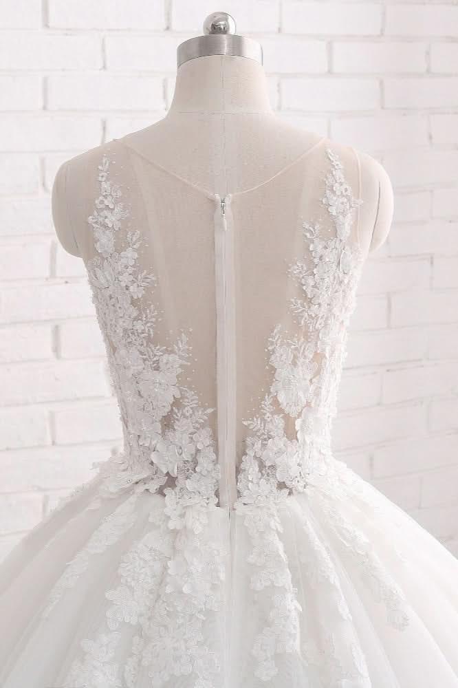 Sleeveless Tulle Train Long Wedding Dress With Appliques Lace BM bride