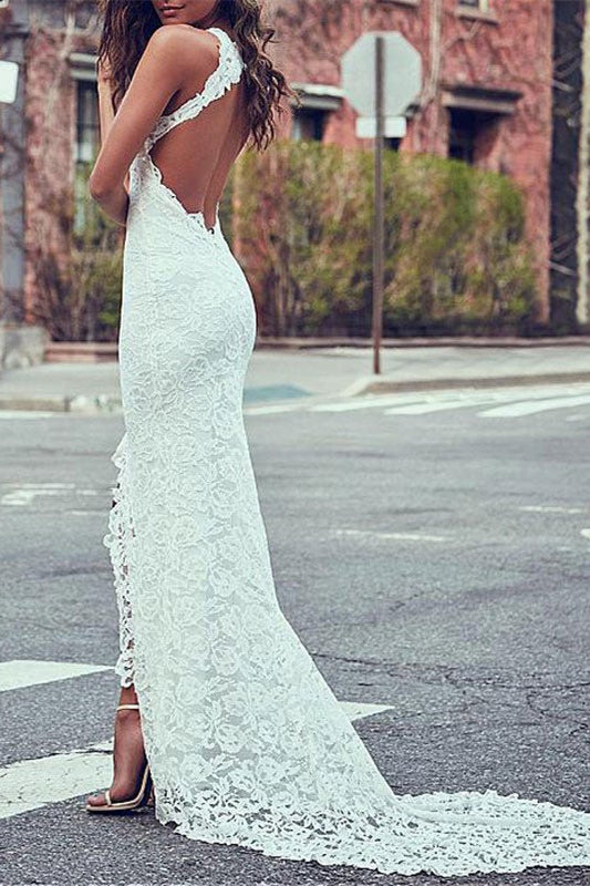 High Neck Lace Summer Beach Wedding Dress BM bride