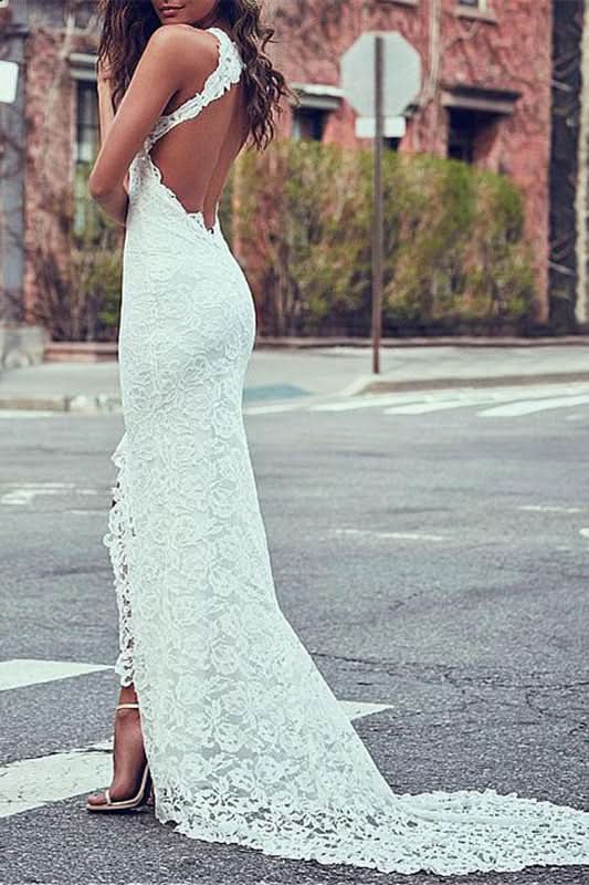 High Neck Lace Summer Beach Wedding Dress BM bride