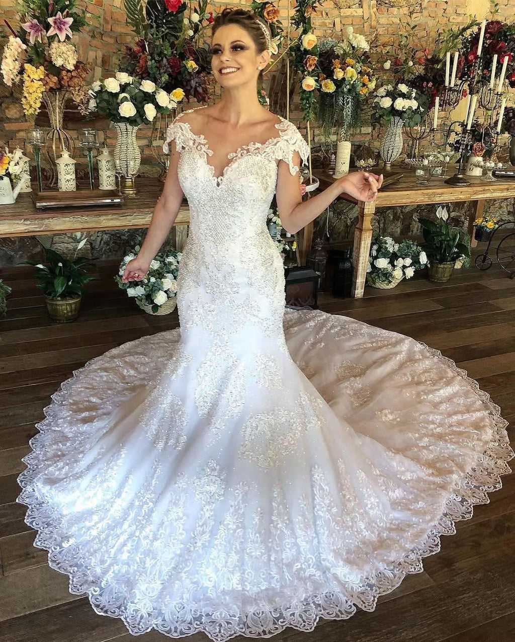 Charming Long Sweetheart Mermaid Wedding Dress with Cap Sleeves and Lace BM bride