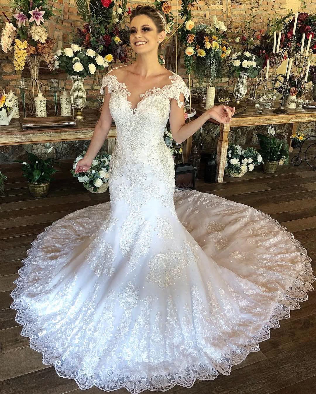 Charming Long Sweetheart Mermaid Wedding Dress with Cap Sleeves and Lace BM bride