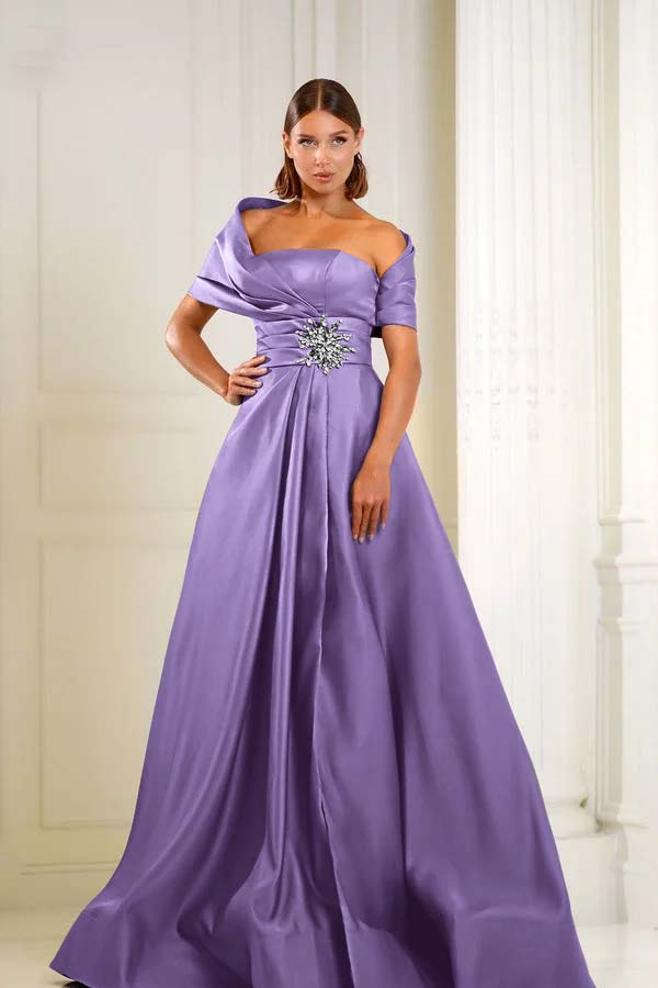 Off the Shoulder Sleeveless Long Prom Dress With Pleated Beading BMBRIDE