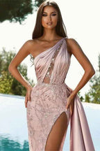 Shining Pink One Shoulder Long Mermaid Prom Dress With Beading Split