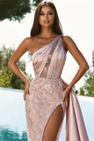 Elegant Pink One Shoulder Long Mermaid Prom Dress with Beads and Split BM bride