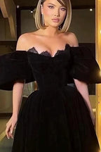 Black Off-The-Shoulder Bubble Sleeves Lace Prom Dress BM bride