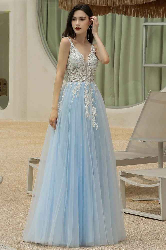 Sky Blue Spaghetti Strap V Neck Sweetheart Long Prom Dress With Appliques