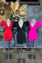 Simple Fuchsia V-Neck Short Sleeves Tight Short Homecoming Dress Bmbride