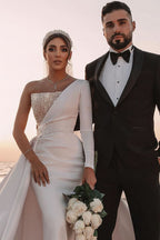 Charming One-Shoulder Long Sleeve A-Line Wedding Dress with Sequins BM bride