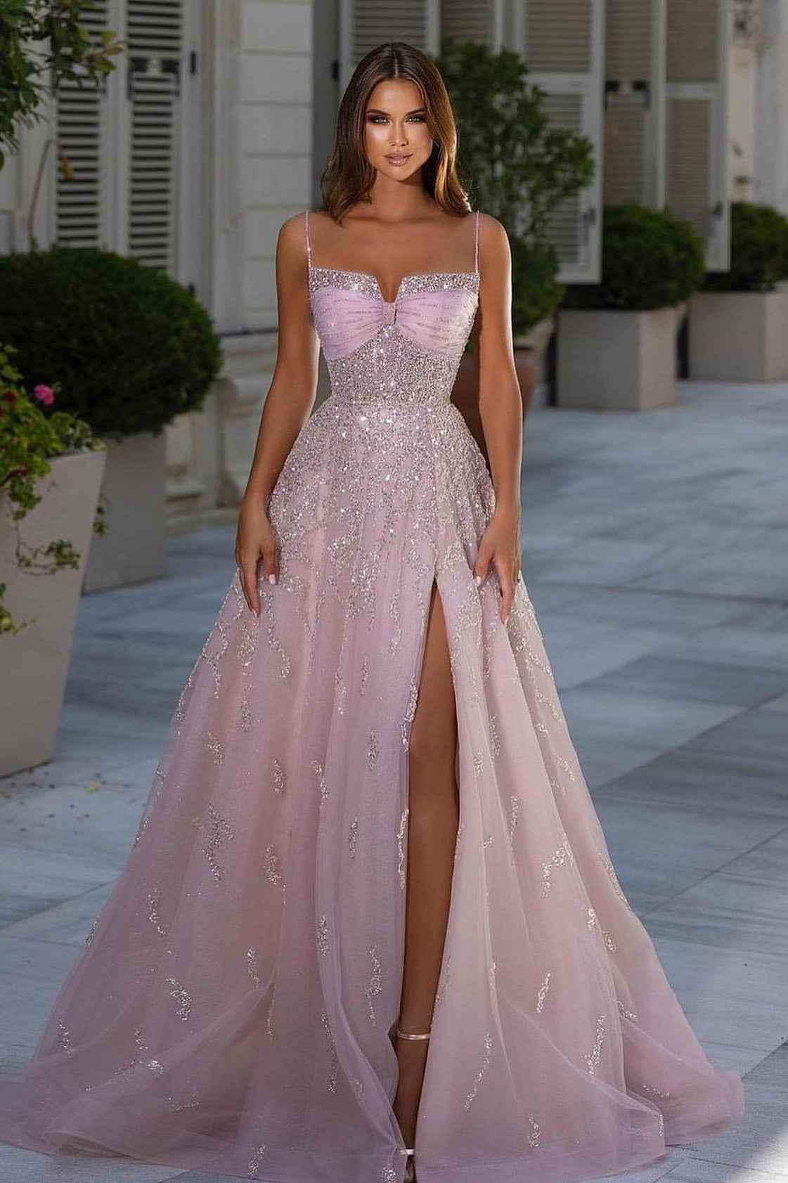 Shiny Pink Spaghetti Strap A Line Prom Dress Appliques Sleeveless With Split