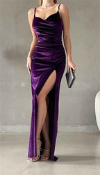 Black Velvet Spaghetti Strap Sleeveless Pleated Long Prom Dress With Split