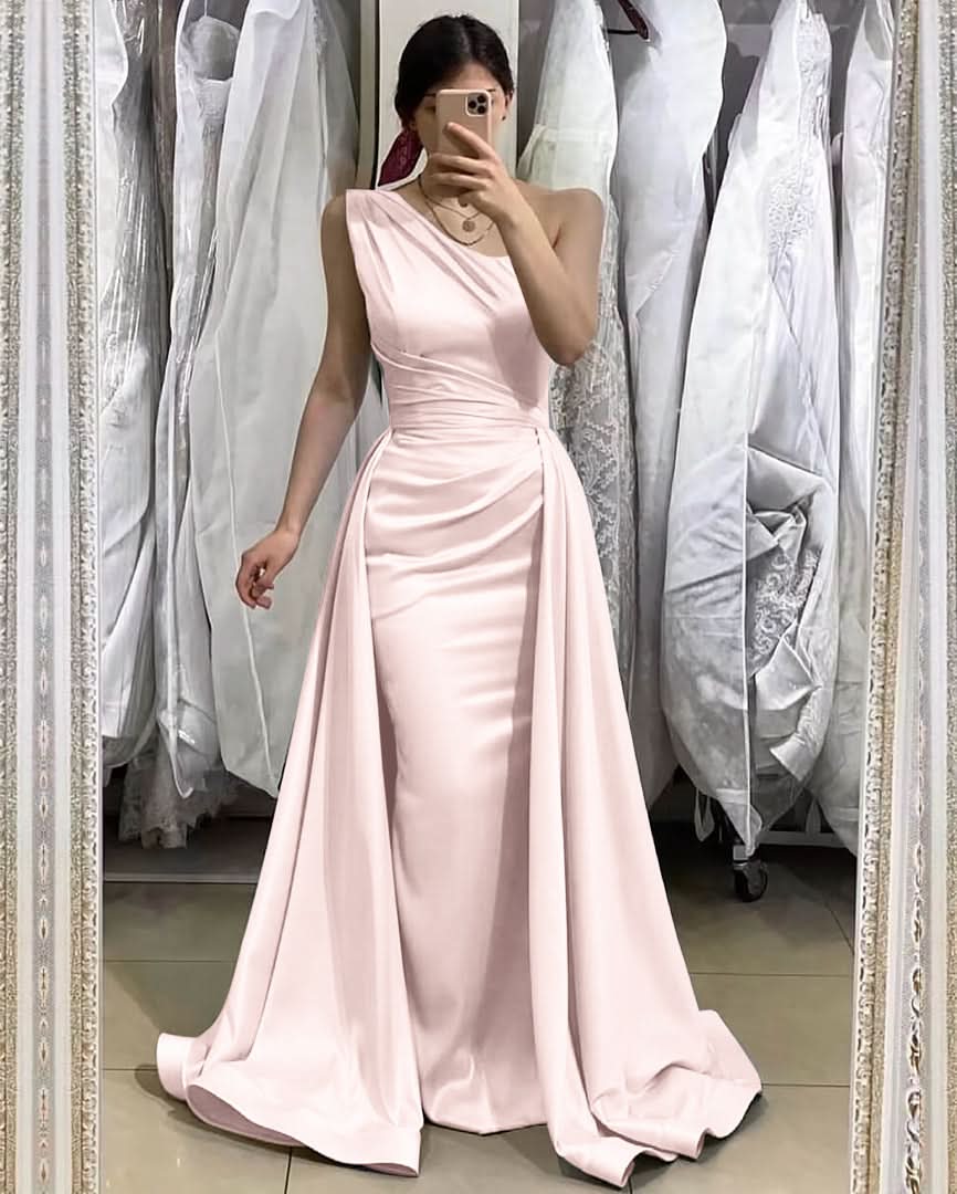 Light Blue One-Shoulder Sleeveless Long Mermaid Prom Dress with Detachable Skirt BM bride