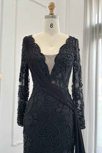 Black V Neck Mermaid Prom Dress Long Sleeves With Appliques Ruffles