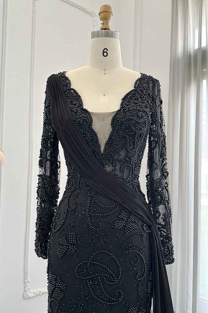 Black V Neck Mermaid Prom Dress Long Sleeves With Appliques Ruffles