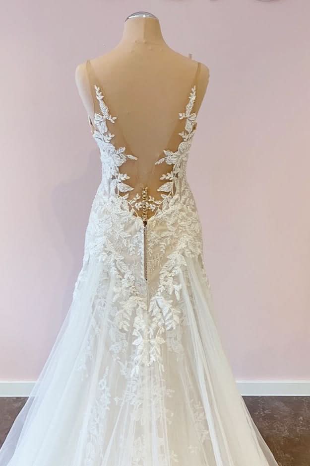 Stunning Spaghetti-Straps A-Line Wedding Dress With Sweetheart Neckline Appliques Lace BM bride